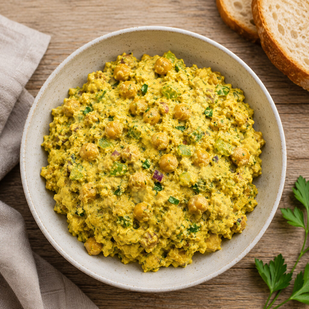 Curried chickpea salad with creamy yogurt curry dressing, pickles and raisins
