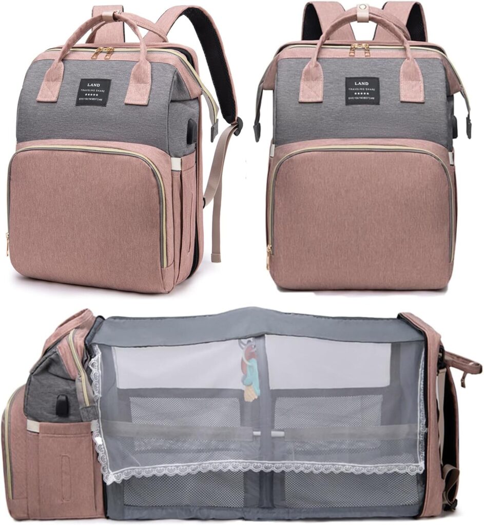 Pink diaper bag backpack with foldable changing pad for boys and girls
