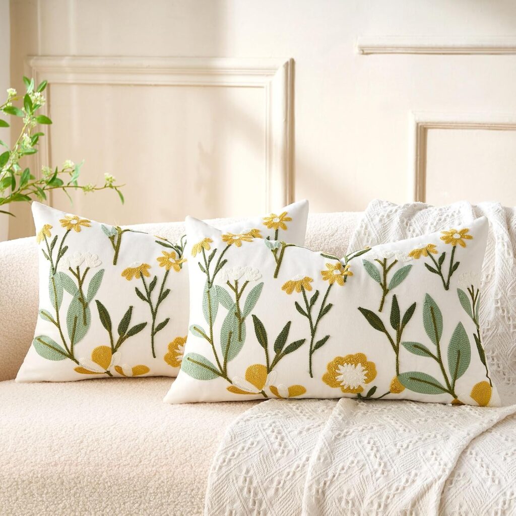Green farmhouse floral embroidered lumbar pillow covers set of 2 for window seat