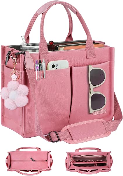 FIORETTO pink canvas tote bag with multiple compartments for women