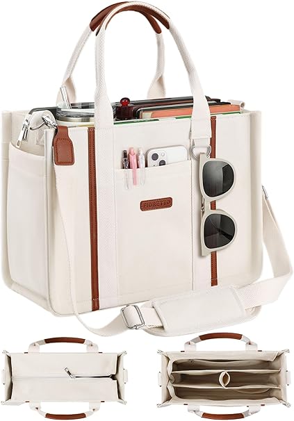 FIORETTO womens canvas tote bag with zipper and built-in organizer