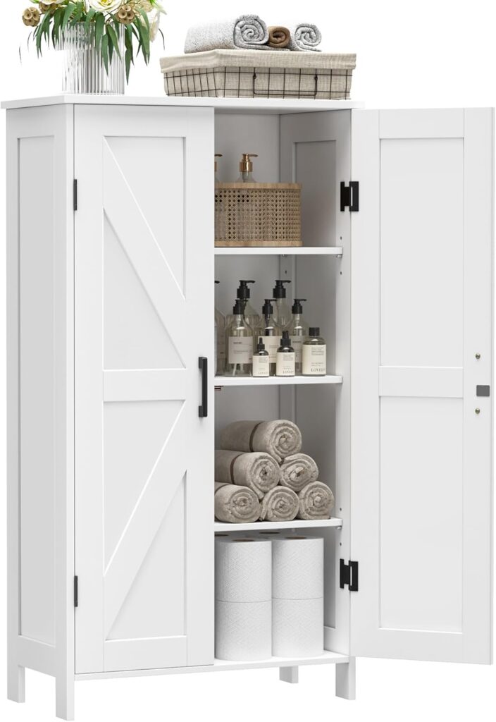 White farmhouse cabinet with barn doors and adjustable shelves