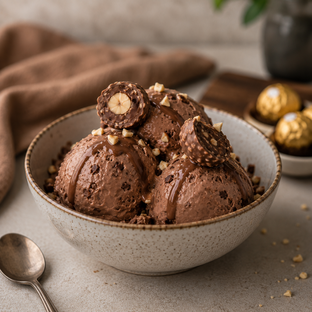 No-churn Ferrero Rocher Nutella ice cream with toasted hazelnuts