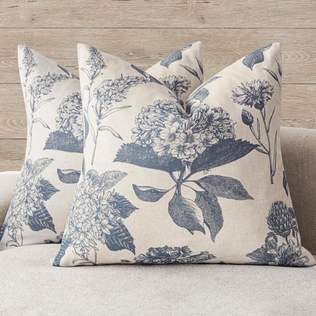 Foindtower blue floral vintage linen throw pillow covers set of 2