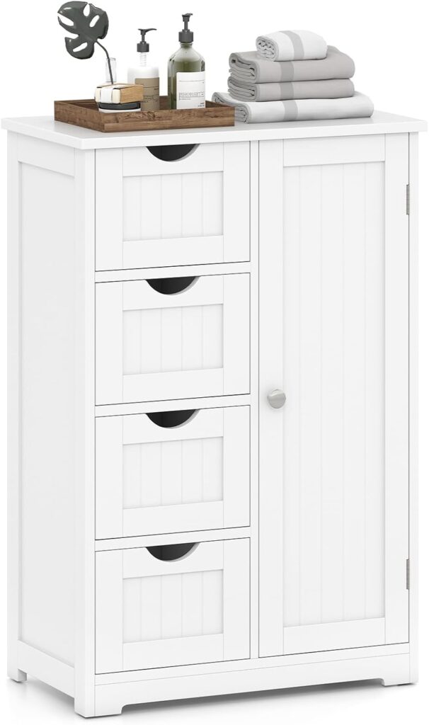 White floor cabinet with 4 drawers and anti-toppling device