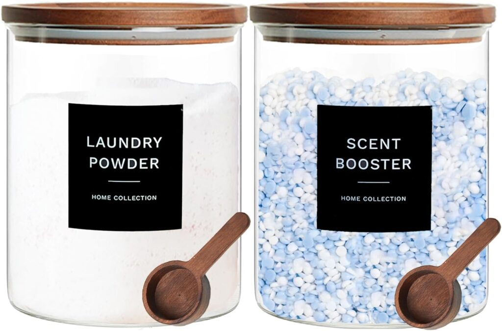 2-pack glass laundry storage jars with acacia lids and scoops