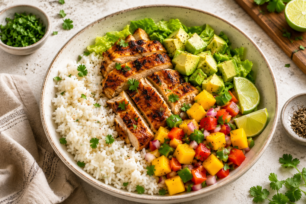 Grilled chicken rice bowl with coconut rice mango salsa and avocado