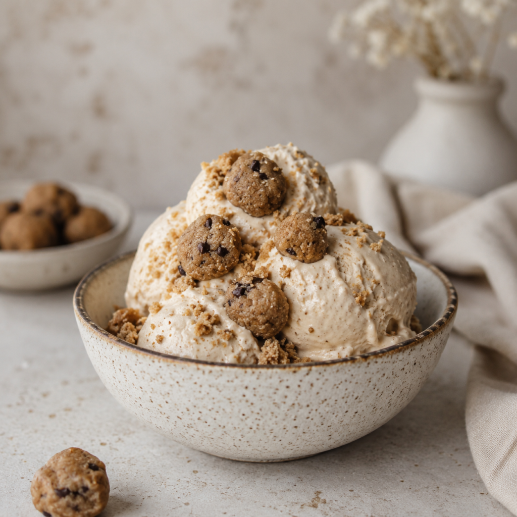 Healthy homemade ice cream with cookie dough bits and cacao nibs