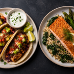 high protein dinner recipes lentil soup salmon pasta and burrito bowl on table