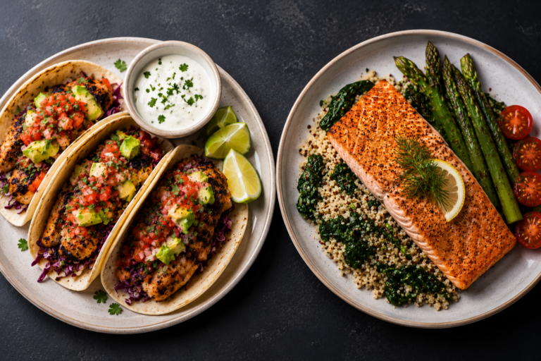 high protein dinner recipes lentil soup salmon pasta and burrito bowl on table