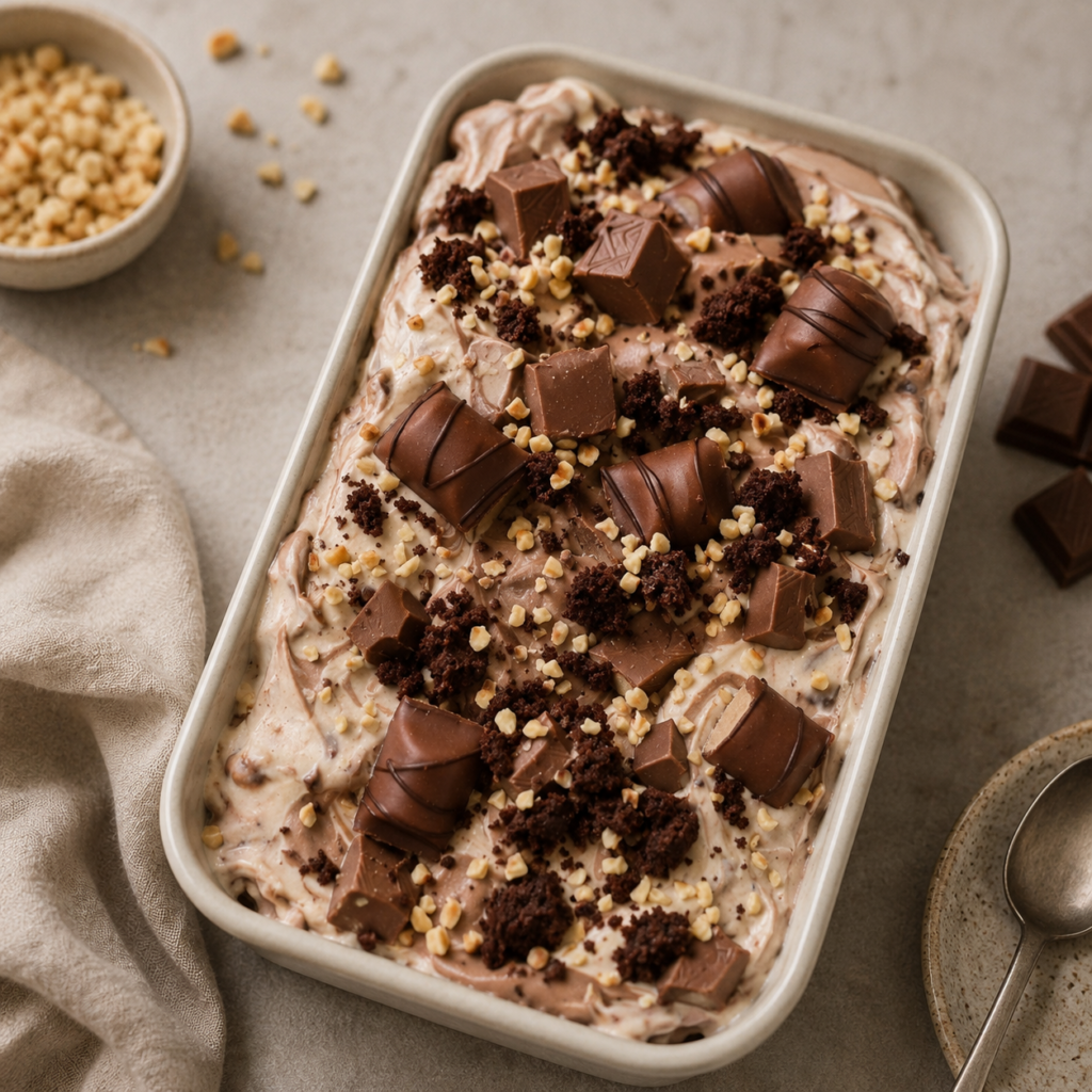 No-churn Kinder Bueno ice cream with brownie pieces and hazelnut spread
