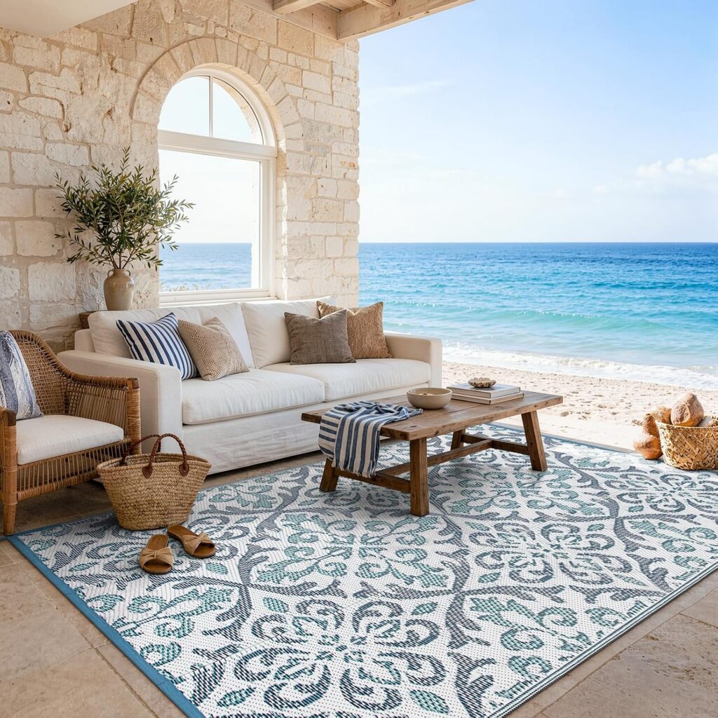 lahome patio rug reversible blue white coastal