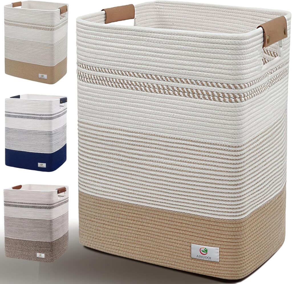 Large cotton rope laundry hamper 85L with leather handles in natural jute