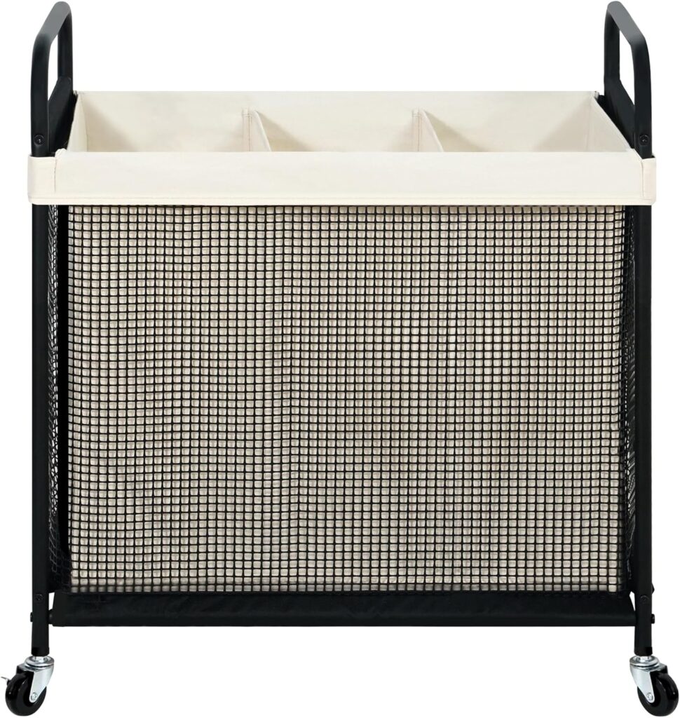 3-section rolling laundry sorter 120L with washable liner bags