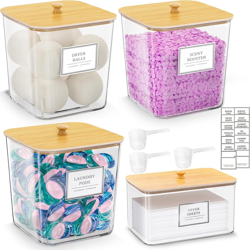 Clear laundry pods storage container with wooden lids and labels