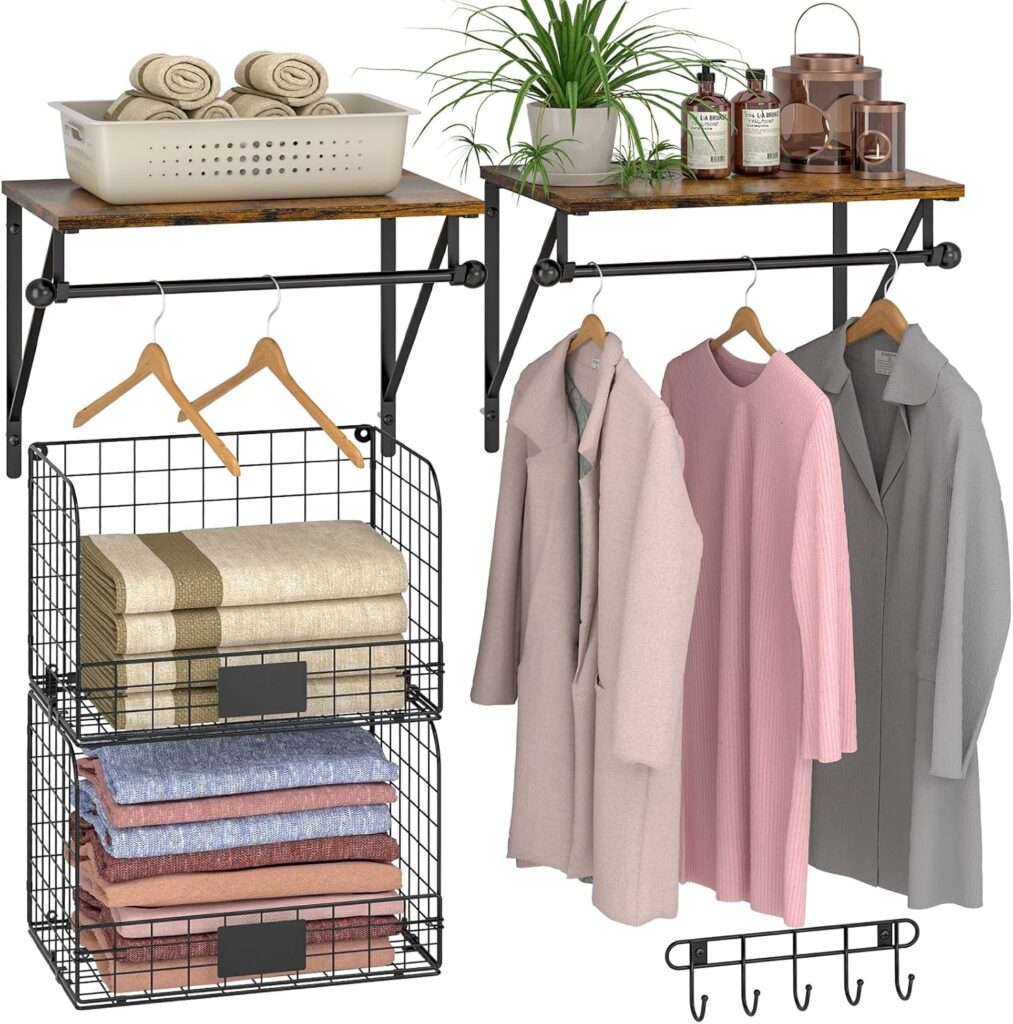 Wall-mounted wood and metal shelf with wire baskets and drying rack