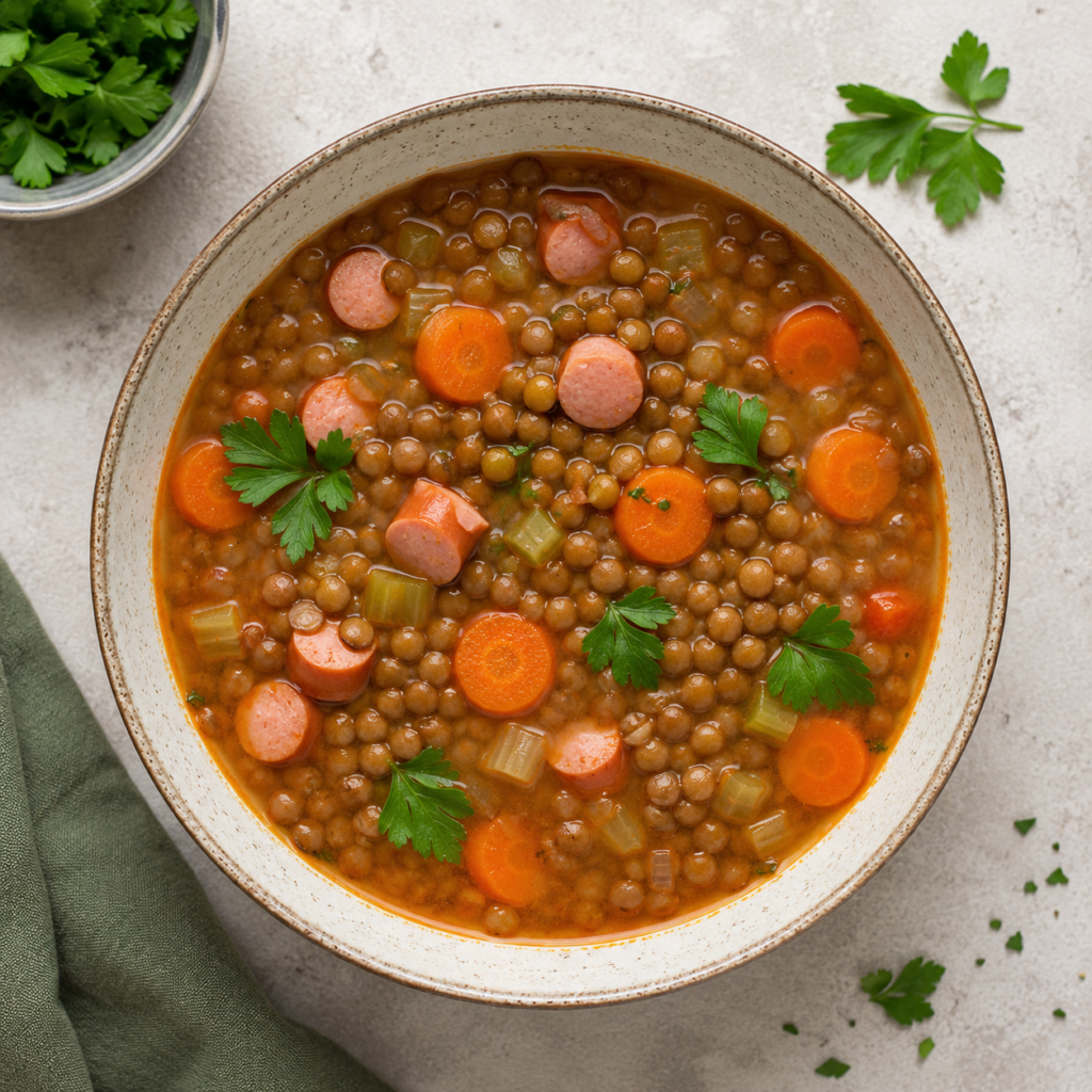 Lentil Soup in a bowl with carrot and sausage