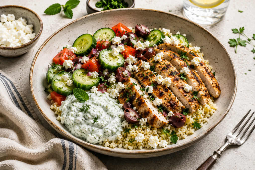 Mediterranean chicken rice bowl with tzatziki cucumber salad and feta