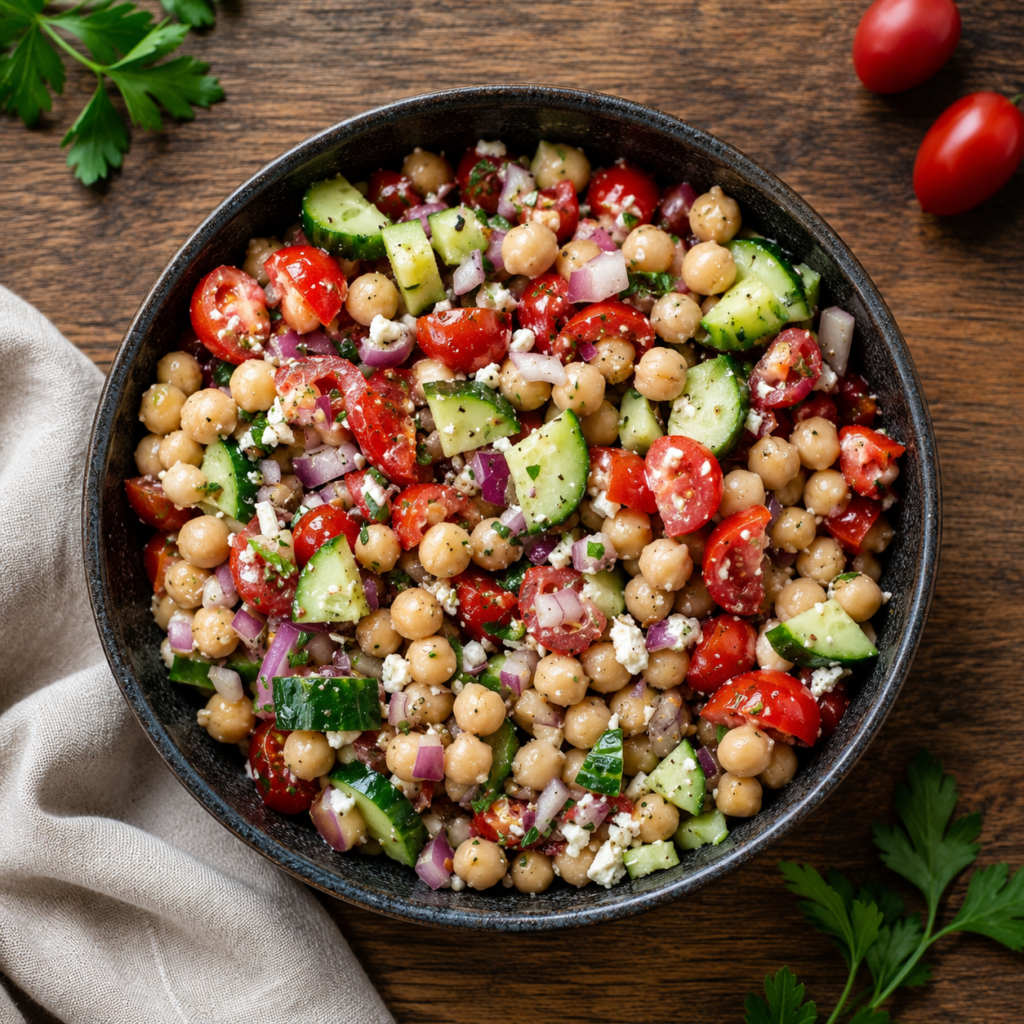 Mediterranean chickpea salad with cucumber, tomato, red onion and feta in a bowl