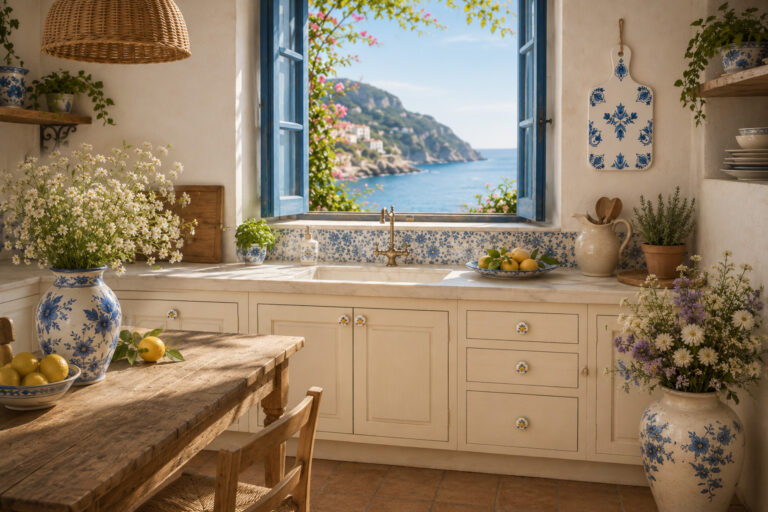 mediterranean decoupage crafts lemon napkins terracotta pots and blue floral tiles on kitchen table