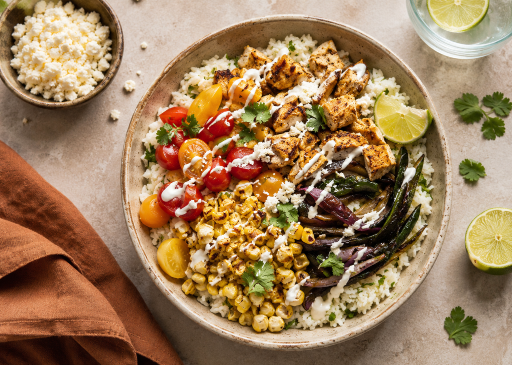 Mexican street corn chicken rice bowl with cotija cheese and lime crema