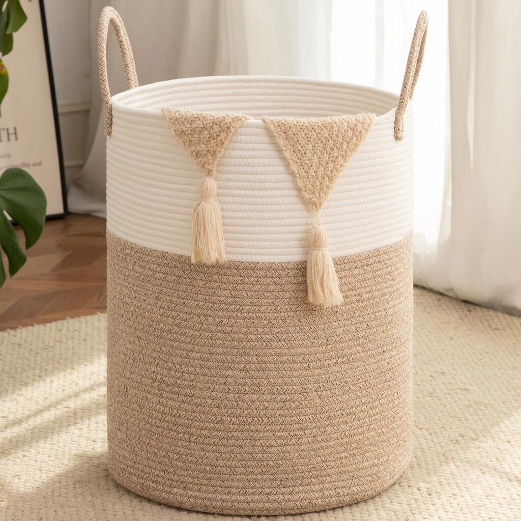 OIAHOMY woven laundry basket 60L in brown and white with long handles