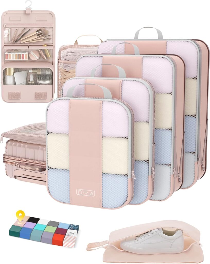 OlarHike 8-set compression packing cubes beige with toiletry and shoe bag
