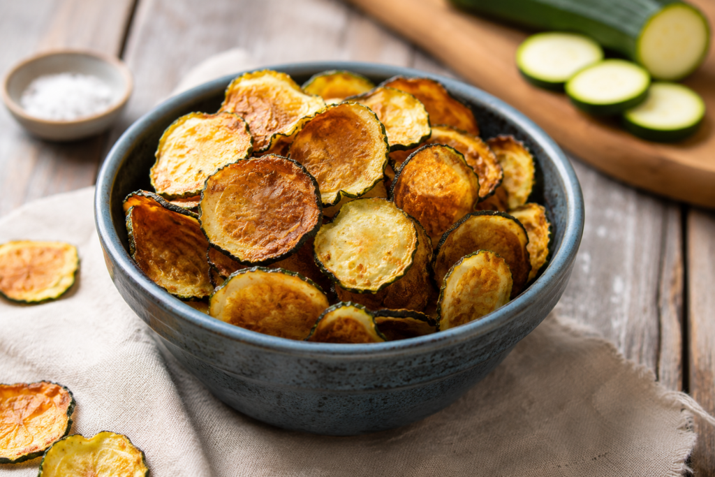 Crispy paleo zucchini chips on a baking tray