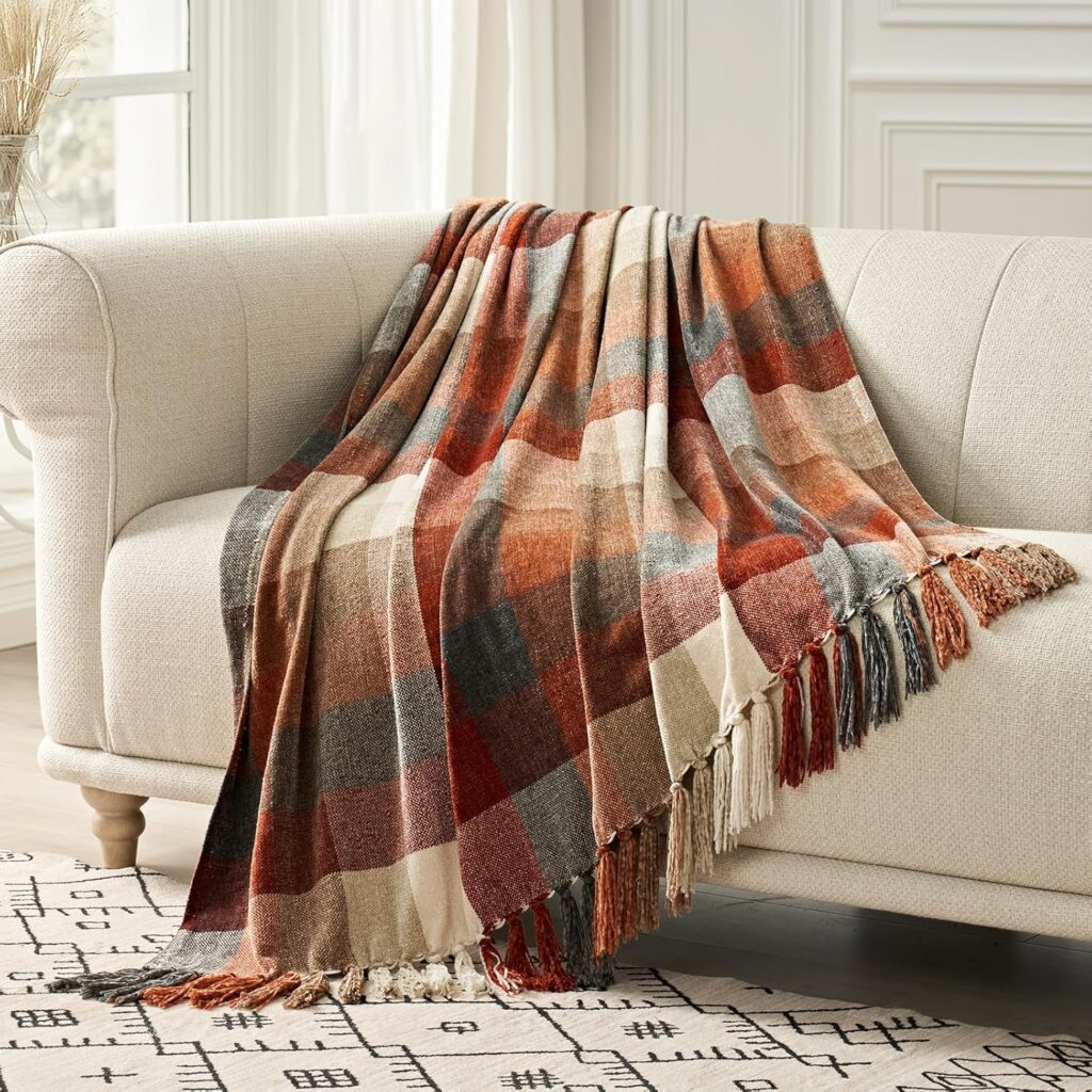 Plaid chenille throw blanket with tassels farmhouse reading nook