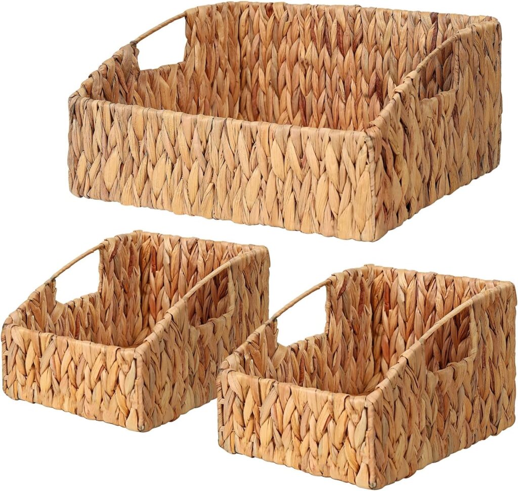 Handwoven rattan storage baskets with built-in handles