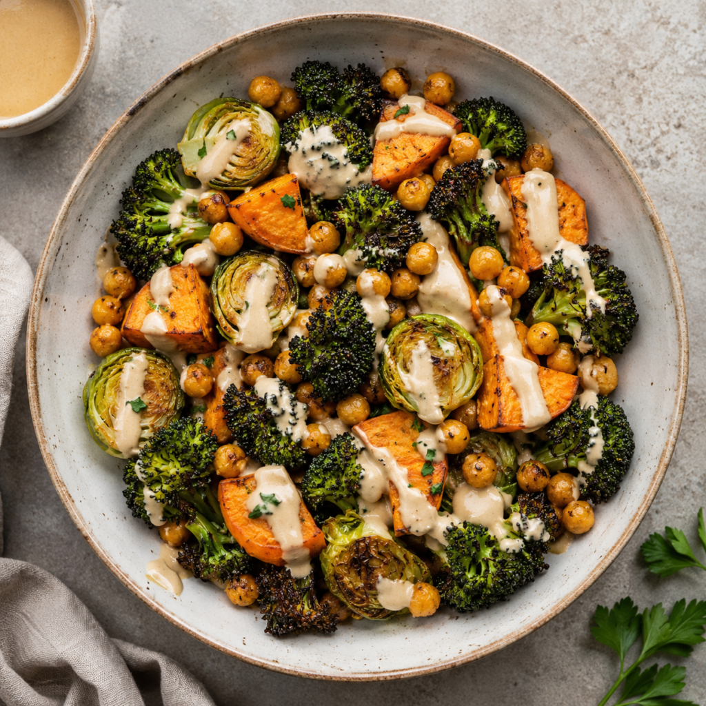 Roasted chickpea salad bowl with broccoli, Brussels sprouts and sweet potato