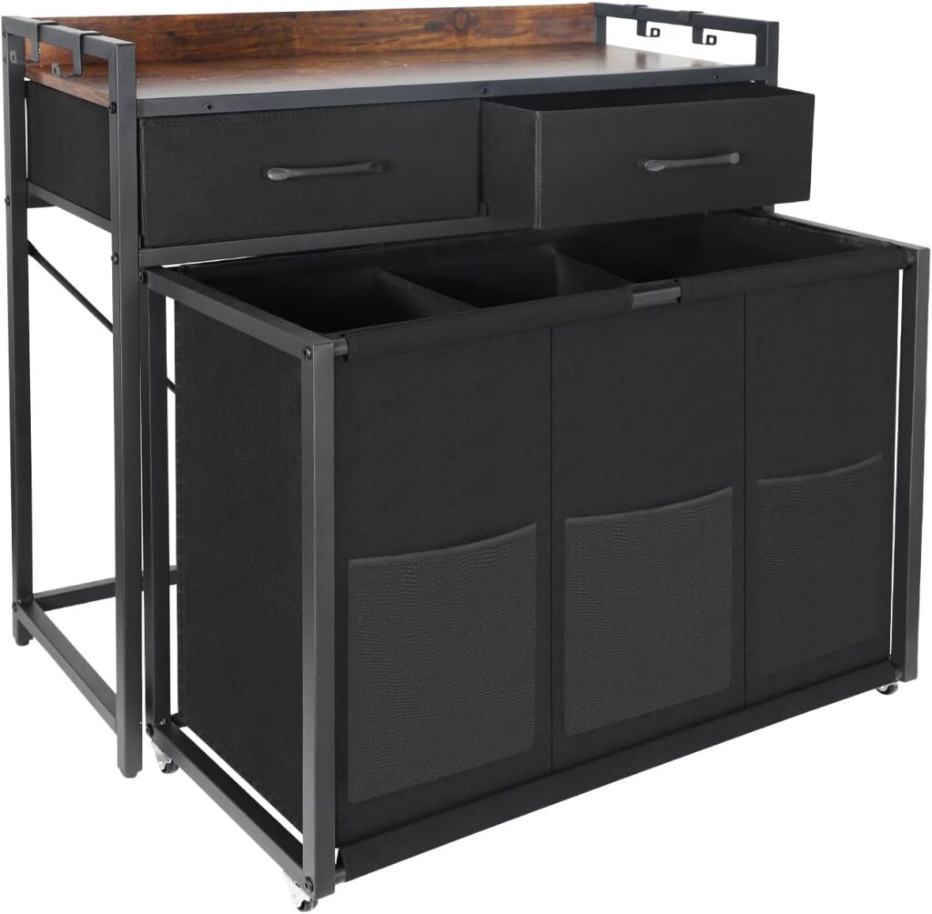 Rolling laundry sorter with storage shelf and drawers, 120L capacity