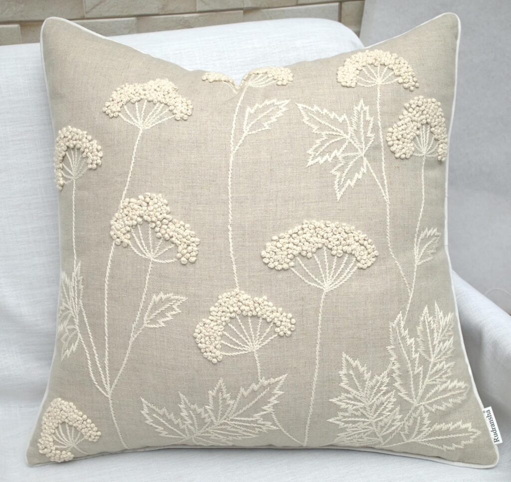 Natural linen hand embroidered wildflower pillow cover 20x20 for reading nook