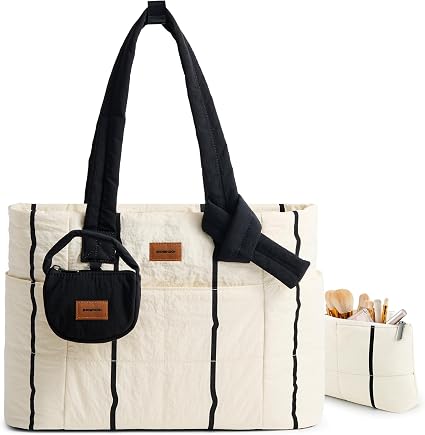 SHOWKOO quilted puffer tote bag with matching cosmetic pouch for women