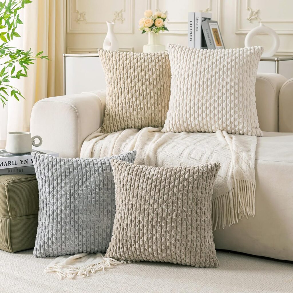 Set of 4 neutral decorative corduroy throw pillow covers for reading nook
