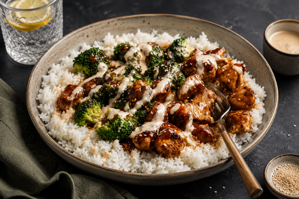 Sticky honey soy chicken rice bowl with broccoli and spicy mayo