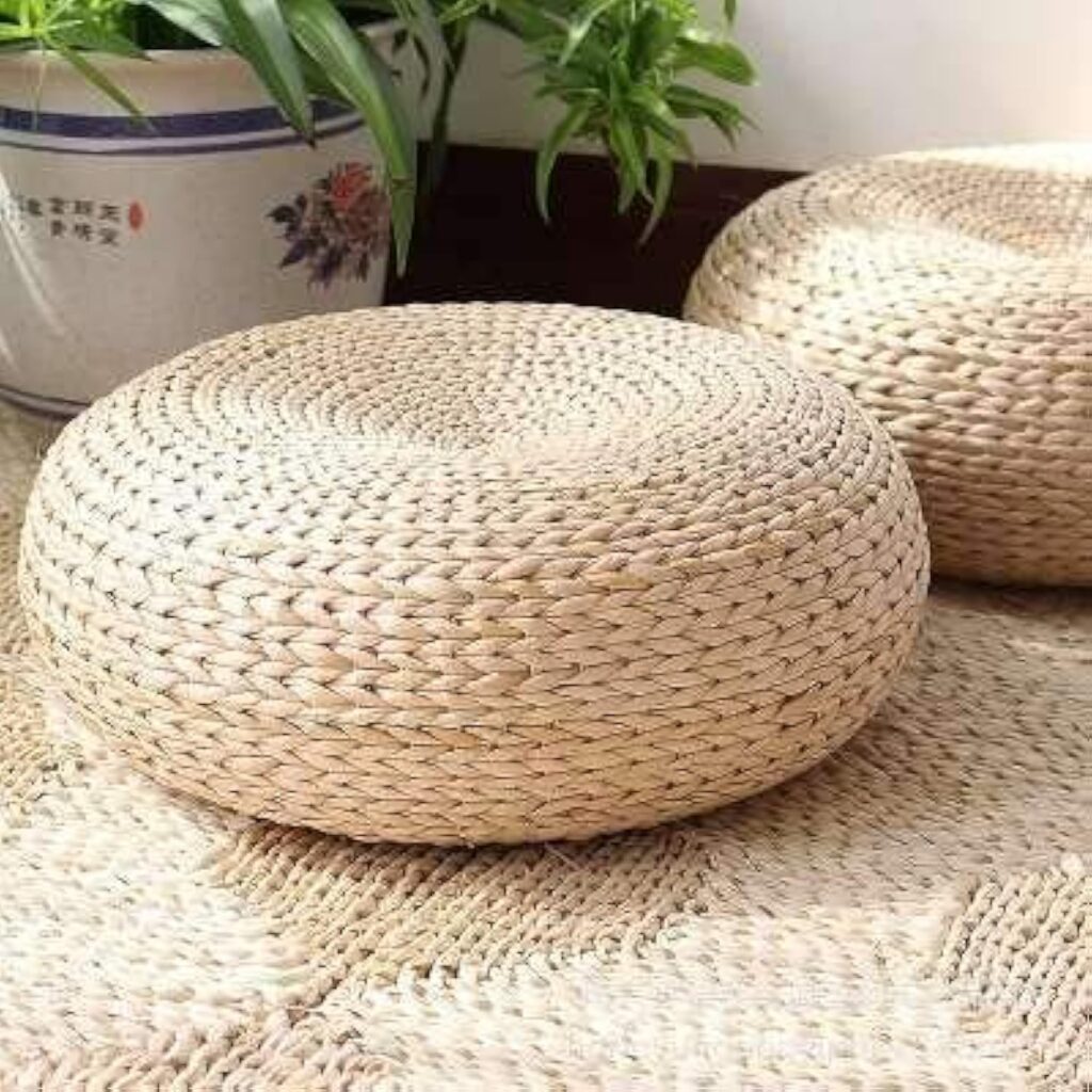 Handmade straw flat seat cushion natural boho floor pouf for reading nook