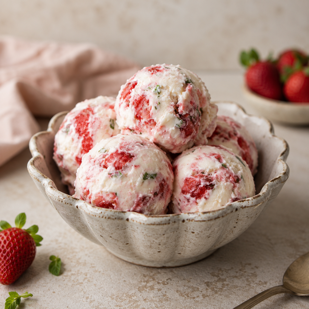 Homemade strawberry and basil ice cream with condensed milk in a loaf pan