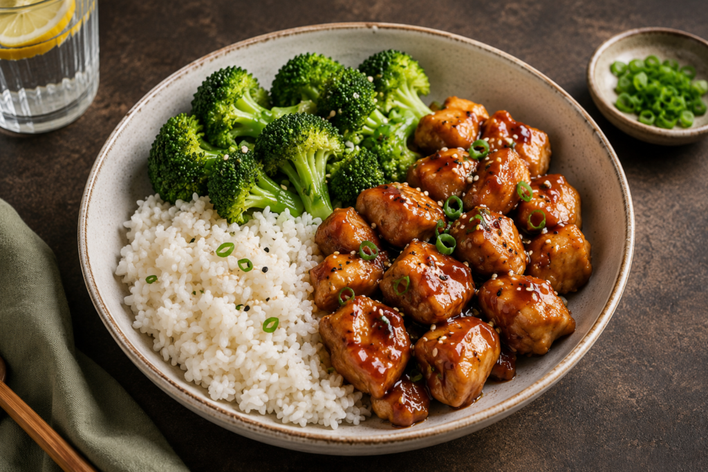 Teriyaki chicken rice bowl with steamed broccoli and homemade glaze
