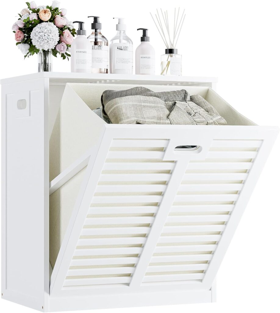 White bamboo tilt-out laundry hamper cabinet with 20-gallon basket