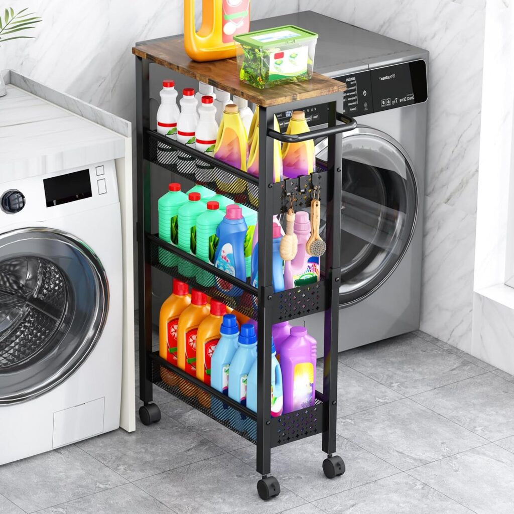 Black slim rolling storage cart with wood top and wheels
