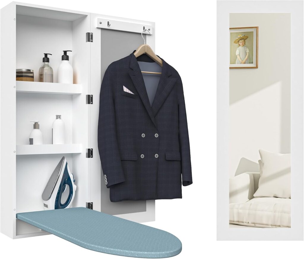 Wall-mounted ironing board cabinet with mirror door