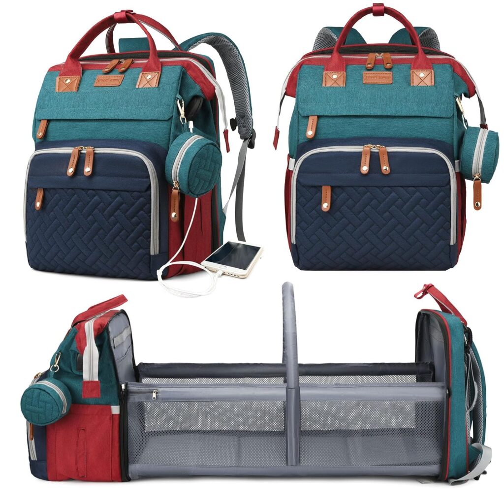 Colorful waterproof diaper bag backpack with changing station and USB port