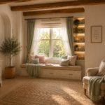 Cozy window reading nook with a cushioned bench, pastel pillows, soft blankets, built-in shelves, and warm natural sunlight.