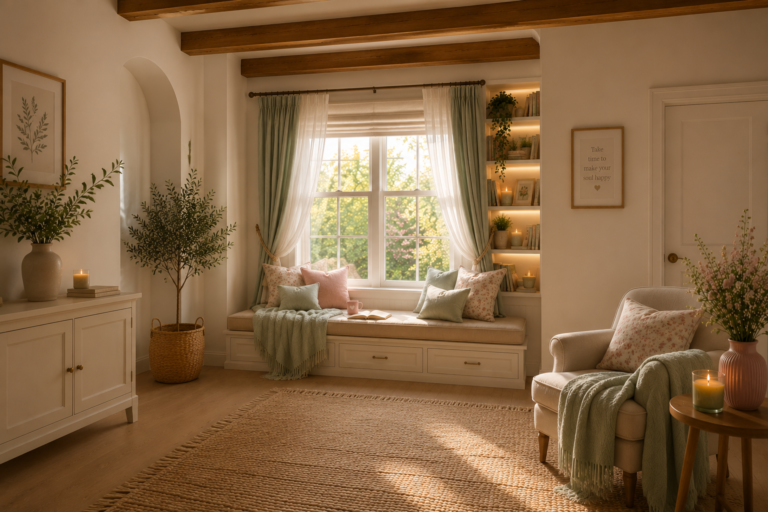 Cozy window reading nook with a cushioned bench, pastel pillows, soft blankets, built-in shelves, and warm natural sunlight.