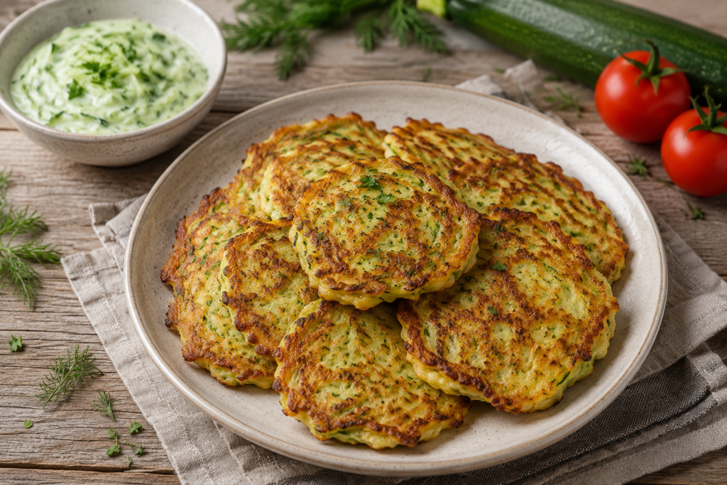 Golden zucchini fritters served with garlic sour cream