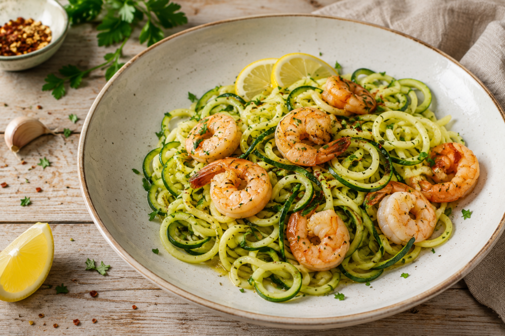 Spiralized zucchini noodles with coconut shrimp broth