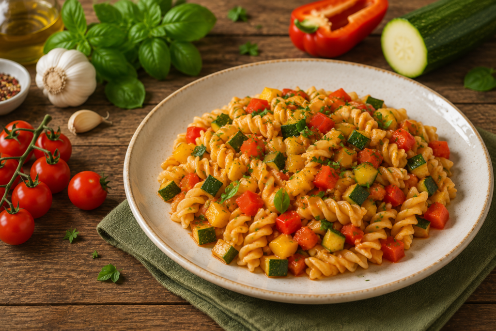 Zucchini pasta with tomato sauce and parmesan in a pan