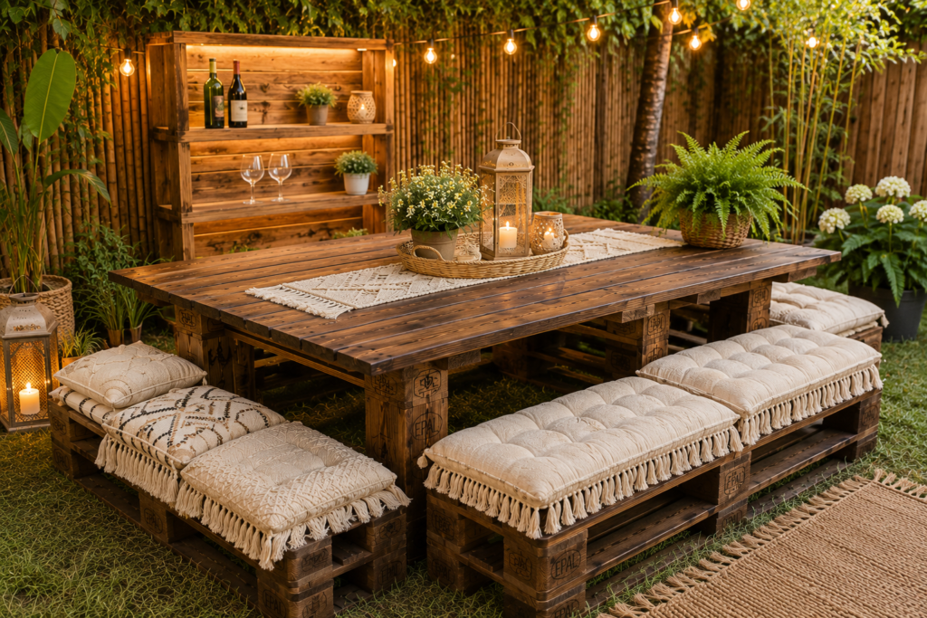 boho style garden furniture set made from pallets outdoor