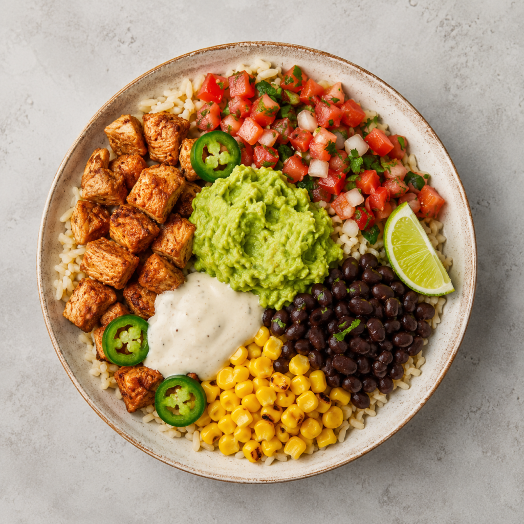 mexican bowl, with roasted chicken, smashed avocado, and vegetables 